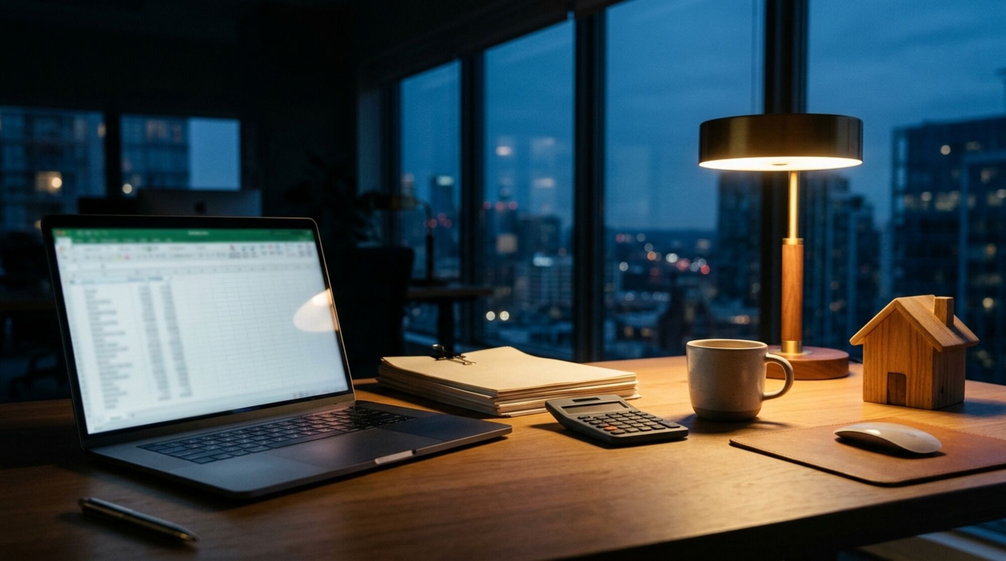 An advisor's desk at dusk with a laptop, papers, a calculator and a small wooden model house