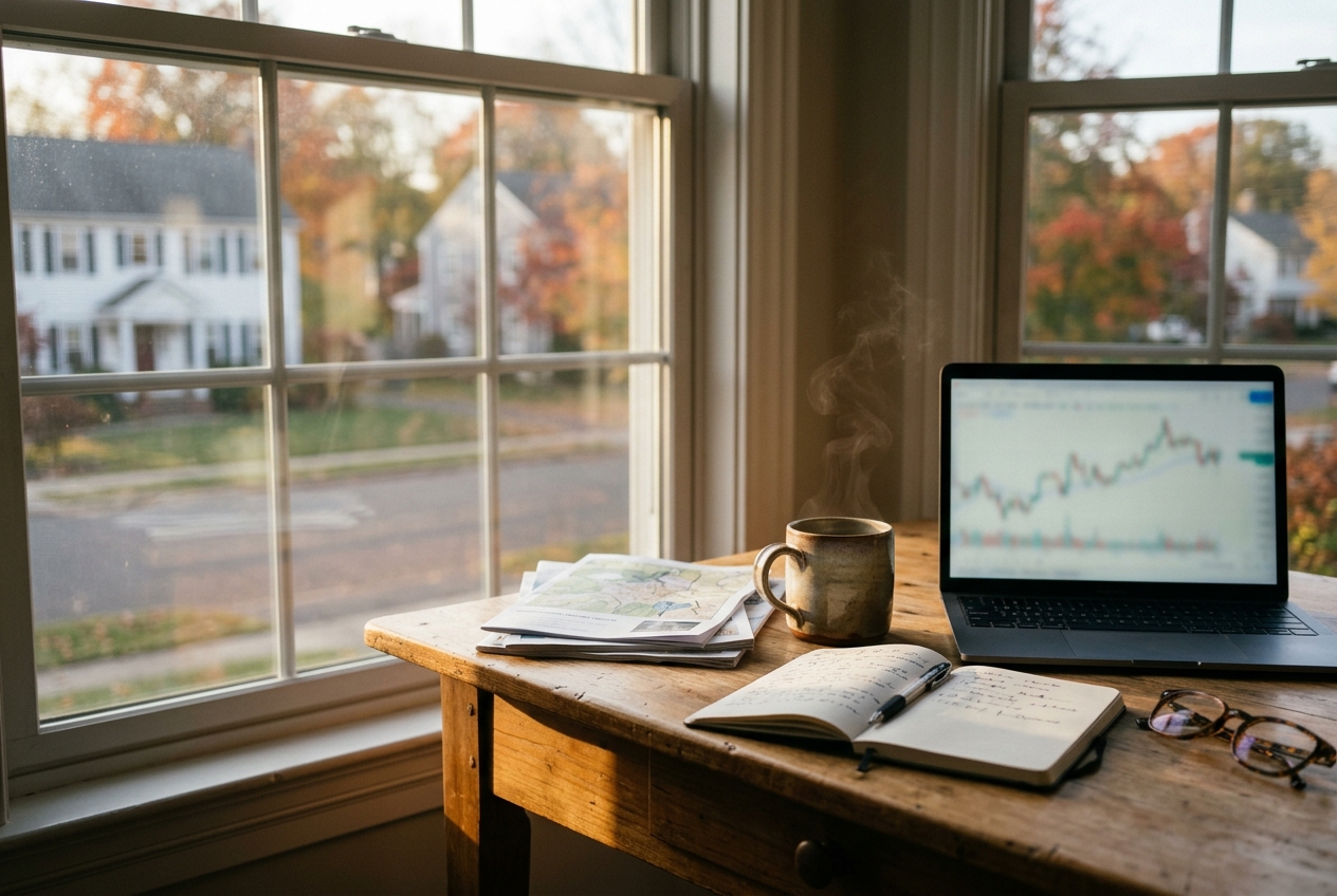 Desk by a window overlooking a Connecticut street, with coffee, laptop and notes