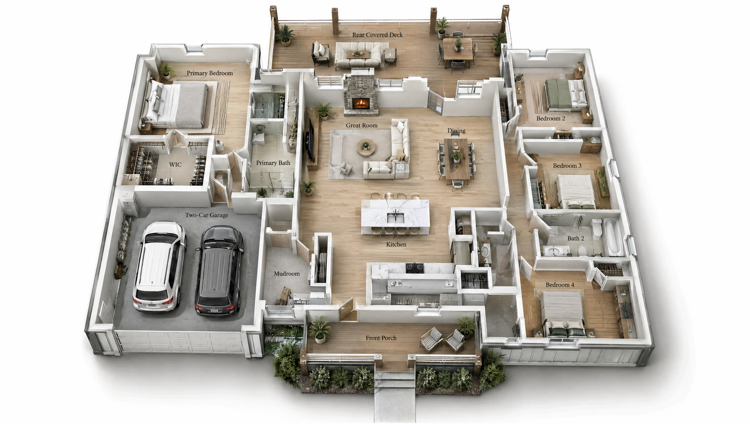 3D cutaway floor plan of a new farmhouse