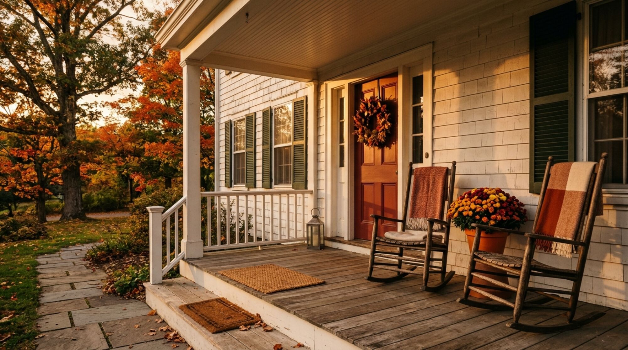 The front porch of a well-loved New England home in autumn light, with two rocking chairs