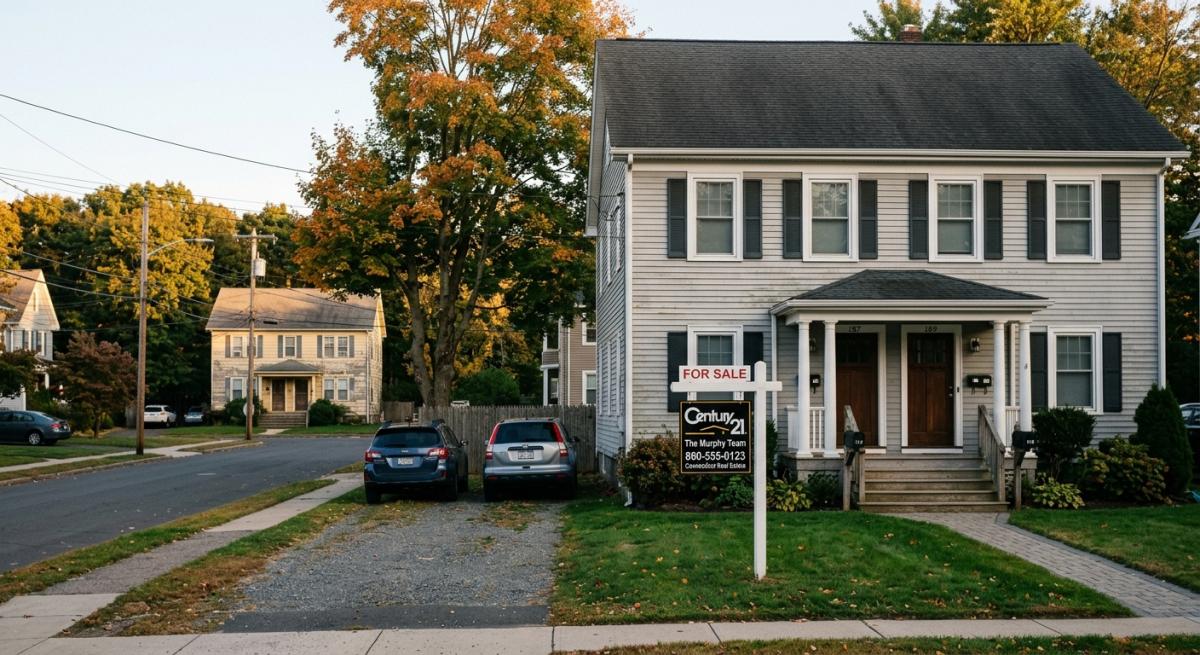 A photorealistic exterior shot of a modest Connecticut multi-family duplex with a For Sale sign on the lawn, another sim