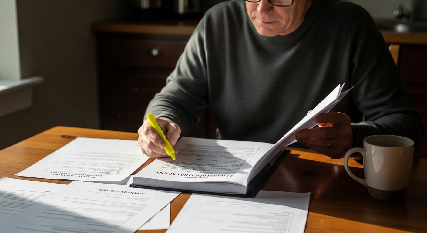 Homeowner at kitchen table reviewing a real estate listing agreement with highlighter and cost breakdown documents