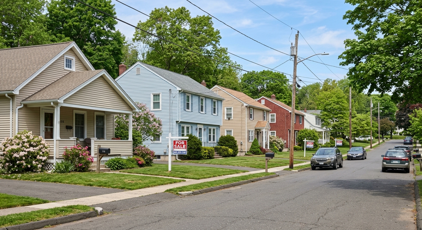 A photorealistic shot of a row of modest single-family homes on a Central Connecticut street at midday, with two more 'F
