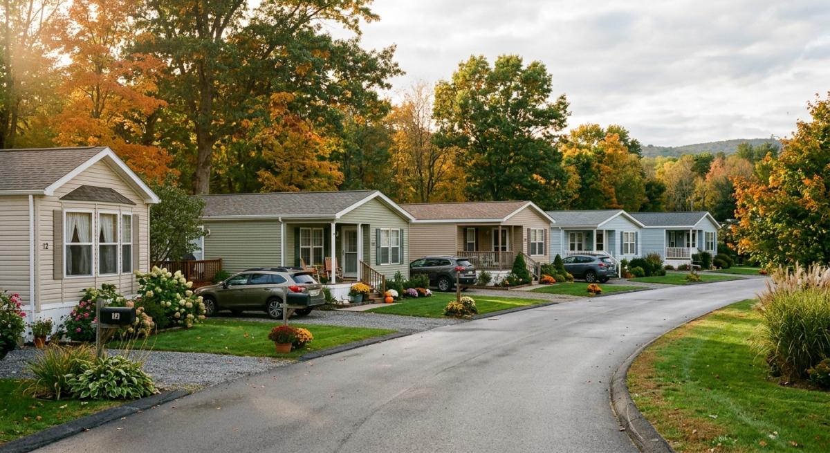 A photorealistic row of well-kept manufactured homes along a quiet paved lane in a Connecticut land-lease community, mat