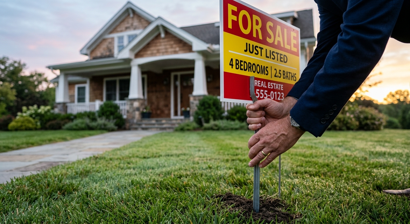 Real estate agent installing a For Sale yard sign at dawn in front of a Connecticut home