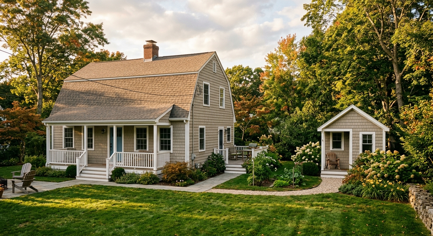 A photorealistic shot of a modest Connecticut single-family home with a small discreet guest cottage or in-law unit visi