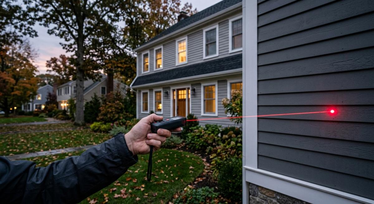 A photorealistic shot of a Connecticut appraiser's laser measuring tool casting a red beam across the exterior wall of a