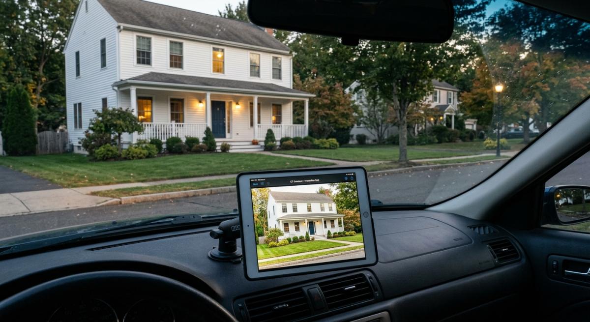 A photorealistic dusk shot of a Connecticut assessor's sedan parked curbside in front of a suburban home, seen through t