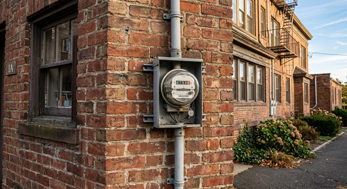 A photorealistic shot of a single master electric meter mounted on the exterior wall of a Connecticut multi-family renta
