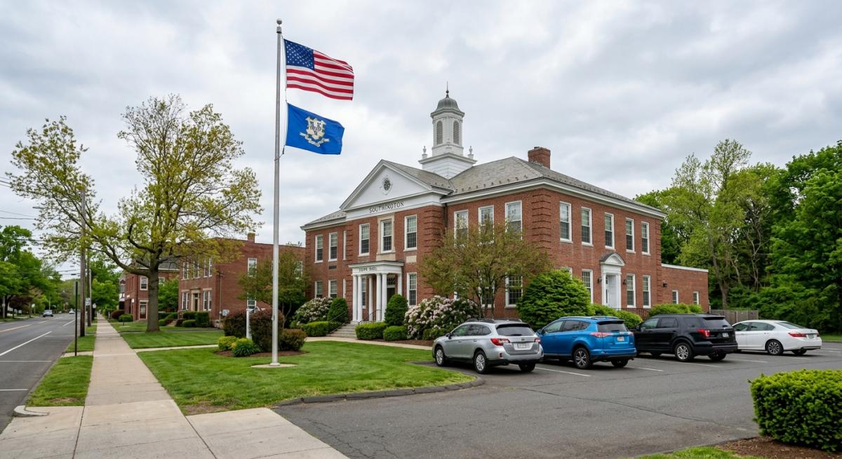 A photorealistic daytime shot of a Southington, Connecticut town hall building exterior with the American and Connecticu