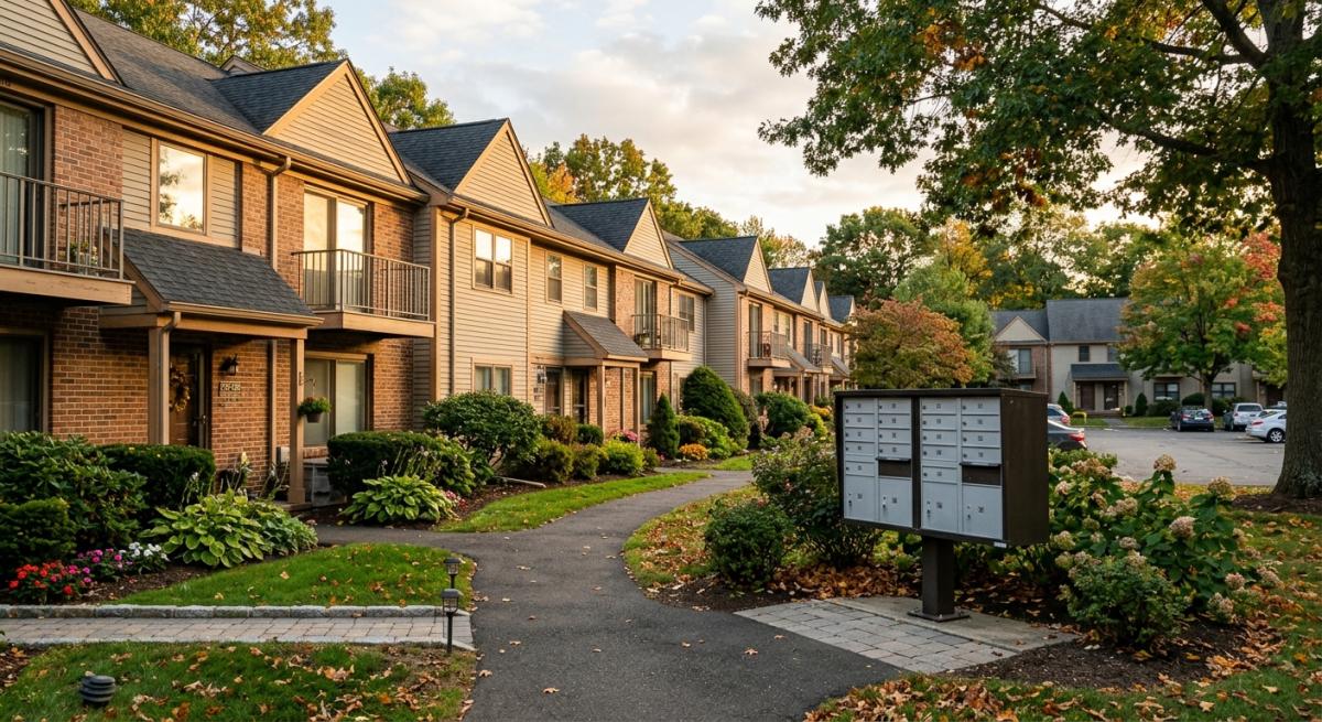 A photorealistic shot of a Connecticut condominium complex courtyard with a row of attached units and a shared mailbox c
