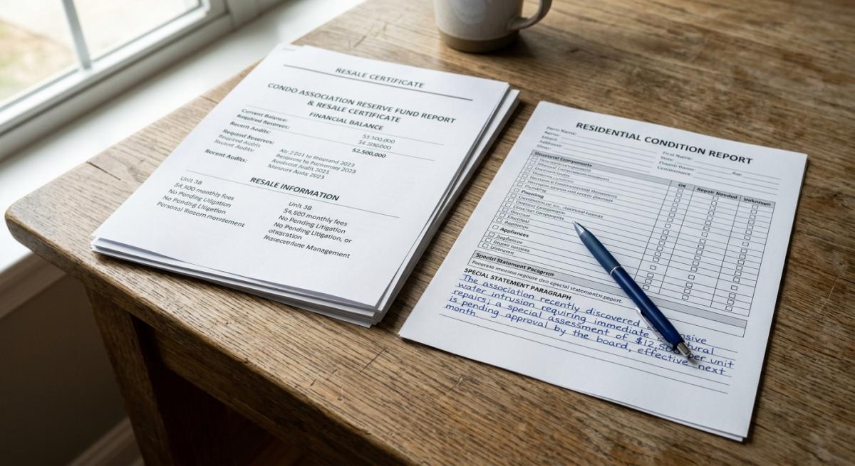 A close-up photorealistic shot of a condo association's reserve fund report and resale certificate document stacked on a