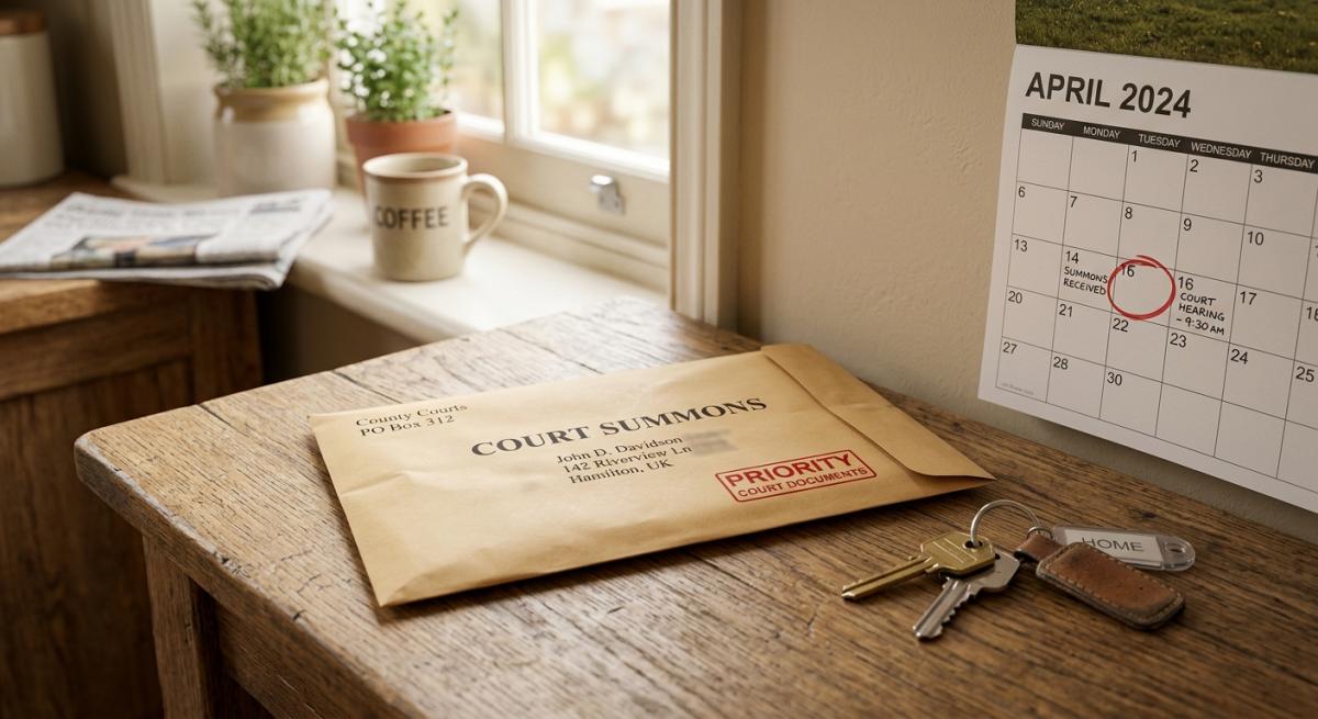 A photorealistic close-up of an unopened court summons envelope resting on a kitchen table next to a set of house keys a