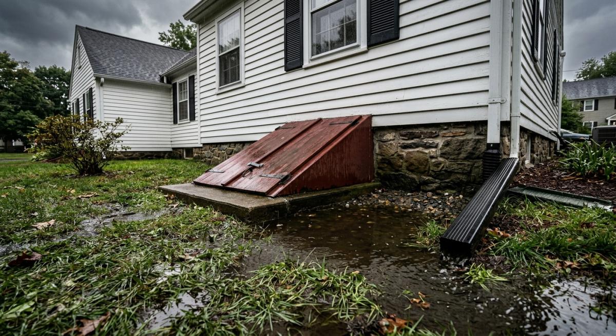 Rainwater pooling at the basement bulkhead door of a Connecticut colonial after a storm