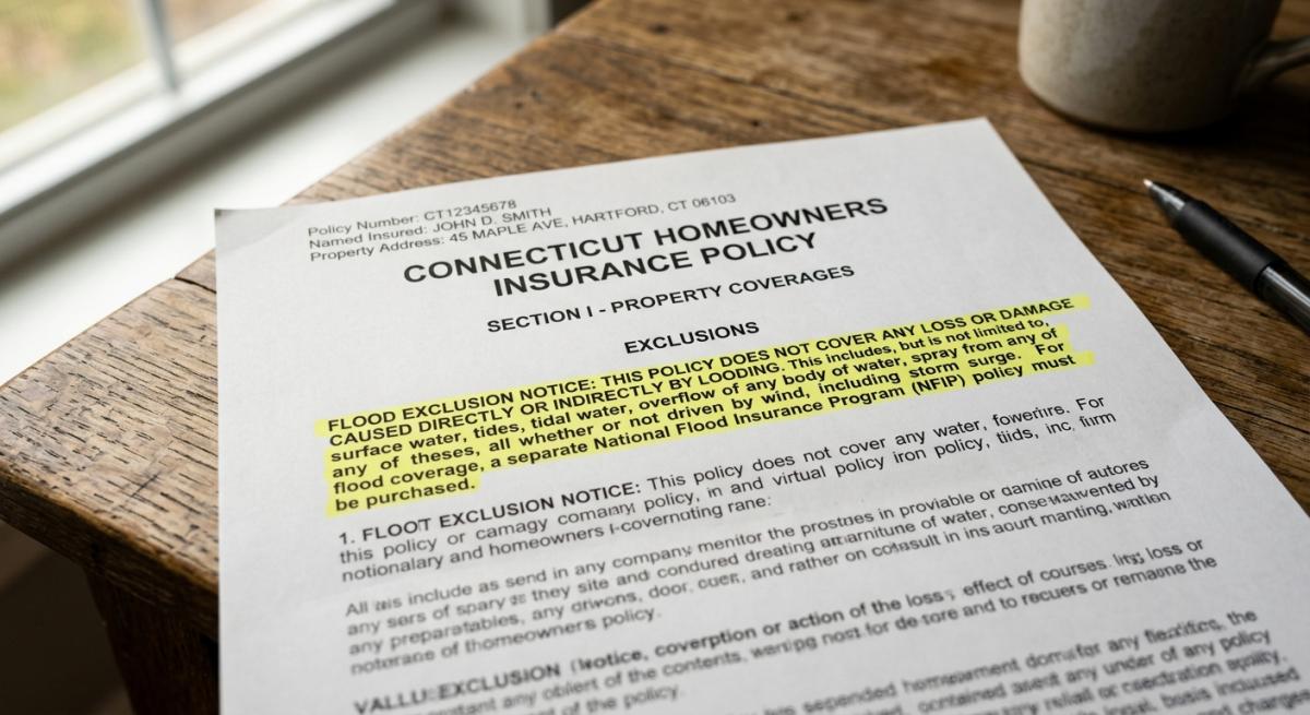 A close-up photorealistic shot of a printed Connecticut homeowners insurance policy document on a wooden table, with a h