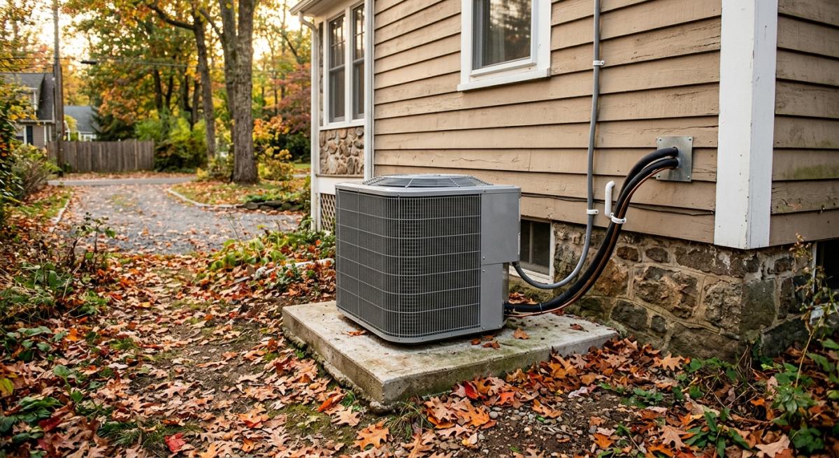 A photorealistic exterior shot of a Connecticut heat pump condenser unit mounted on a concrete pad beside a home's found