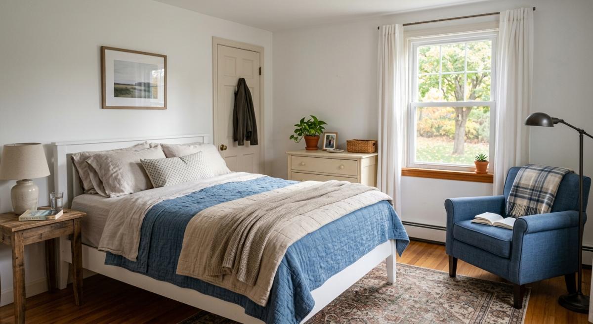 A photorealistic interior shot of a tidy, sunlit spare bedroom in a Connecticut single-family home, made up for a long-t
