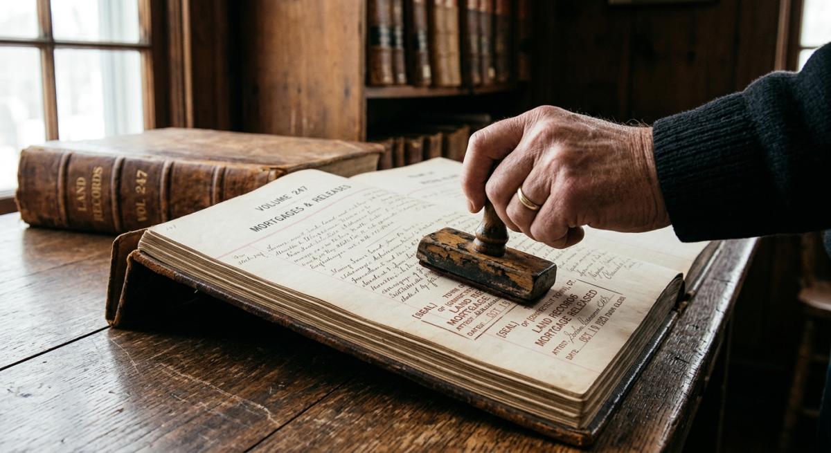 A close-up photorealistic shot of an old, faded mortgage release stamp being applied to a land records book at a Connect