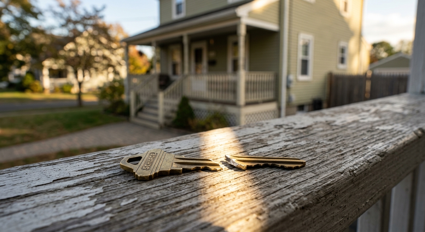 A photorealistic shot of a single house key split cleanly in half by a sharp crack of light across a weathered Connectic