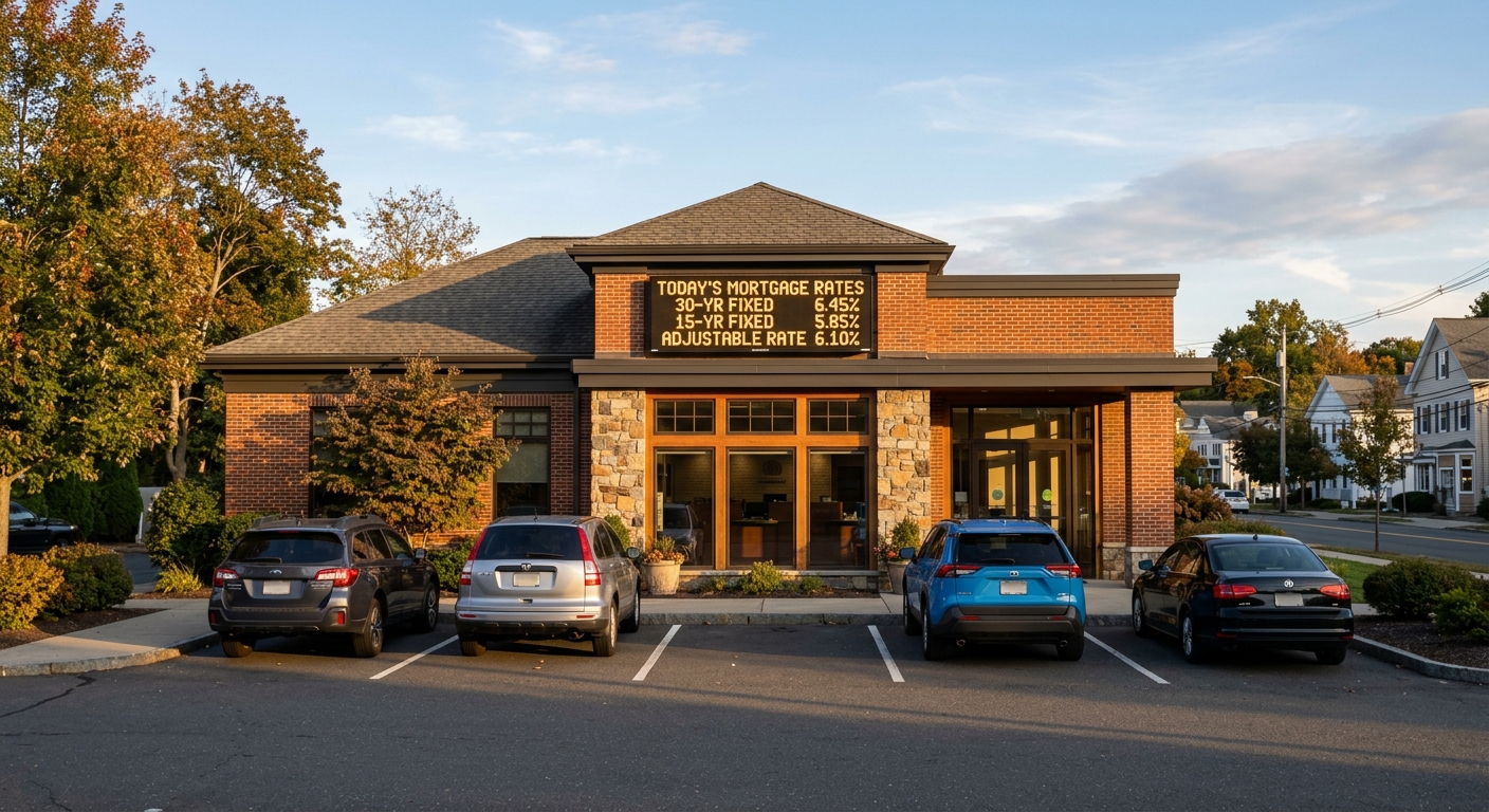 A photorealistic shot of a Connecticut bank branch storefront with a digital rate sign displaying mortgage percentages,