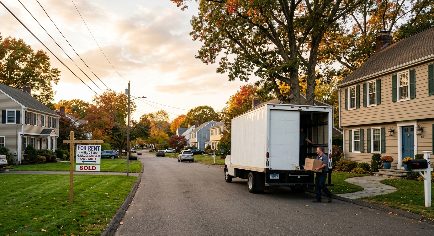 A photorealistic shot of a Connecticut moving truck parked in the driveway of a colonial-style home while a 'For Rent' s