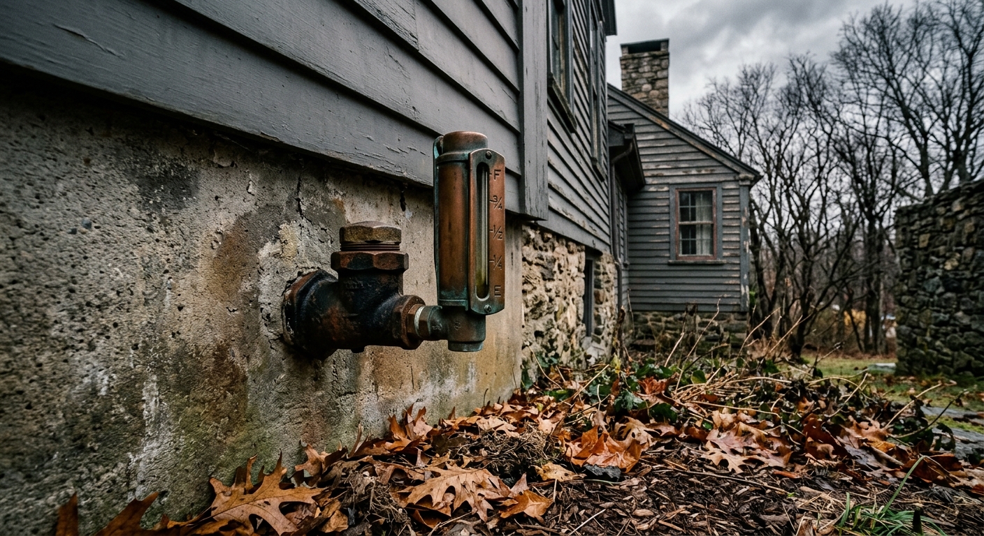 A photorealistic shot of a residential oil tank fill pipe and copper gauge on the exterior foundation wall of an older C