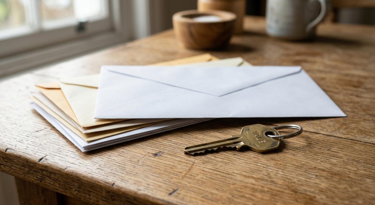 A photorealistic close-up of a single brass house key resting on a wooden kitchen table next to a stack of unopened mail