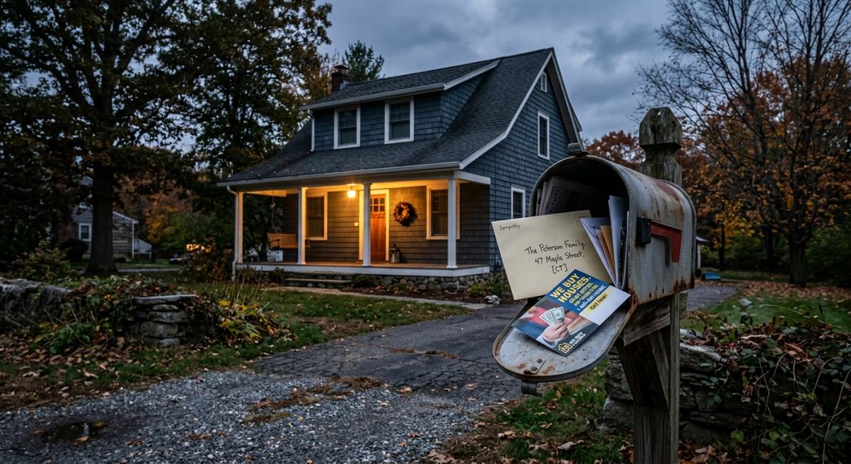 A photorealistic shot of a weathered Connecticut single-family home at dusk with a hand-addressed sympathy card and a gl