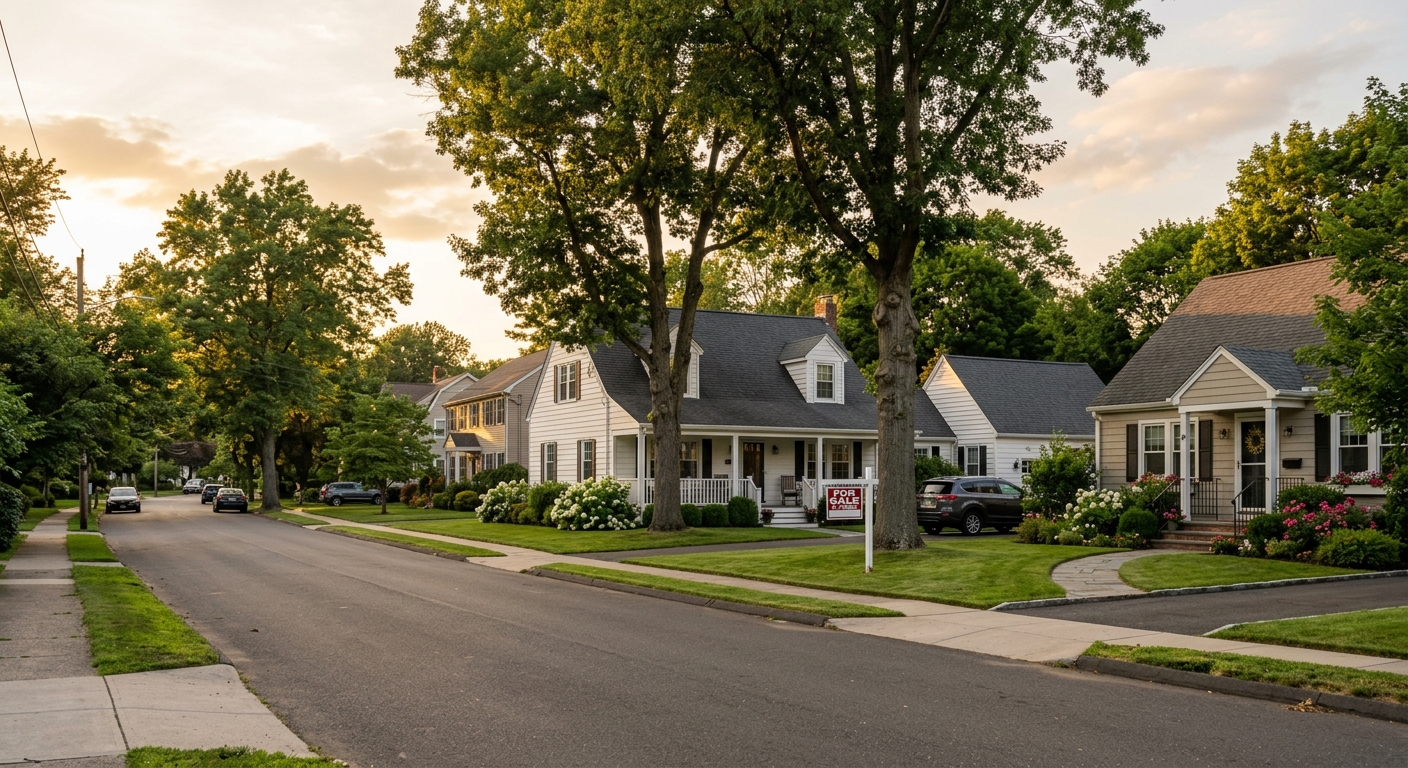A photorealistic shot of a quiet Southington, Connecticut residential street at golden hour with only one modest 'For Sa