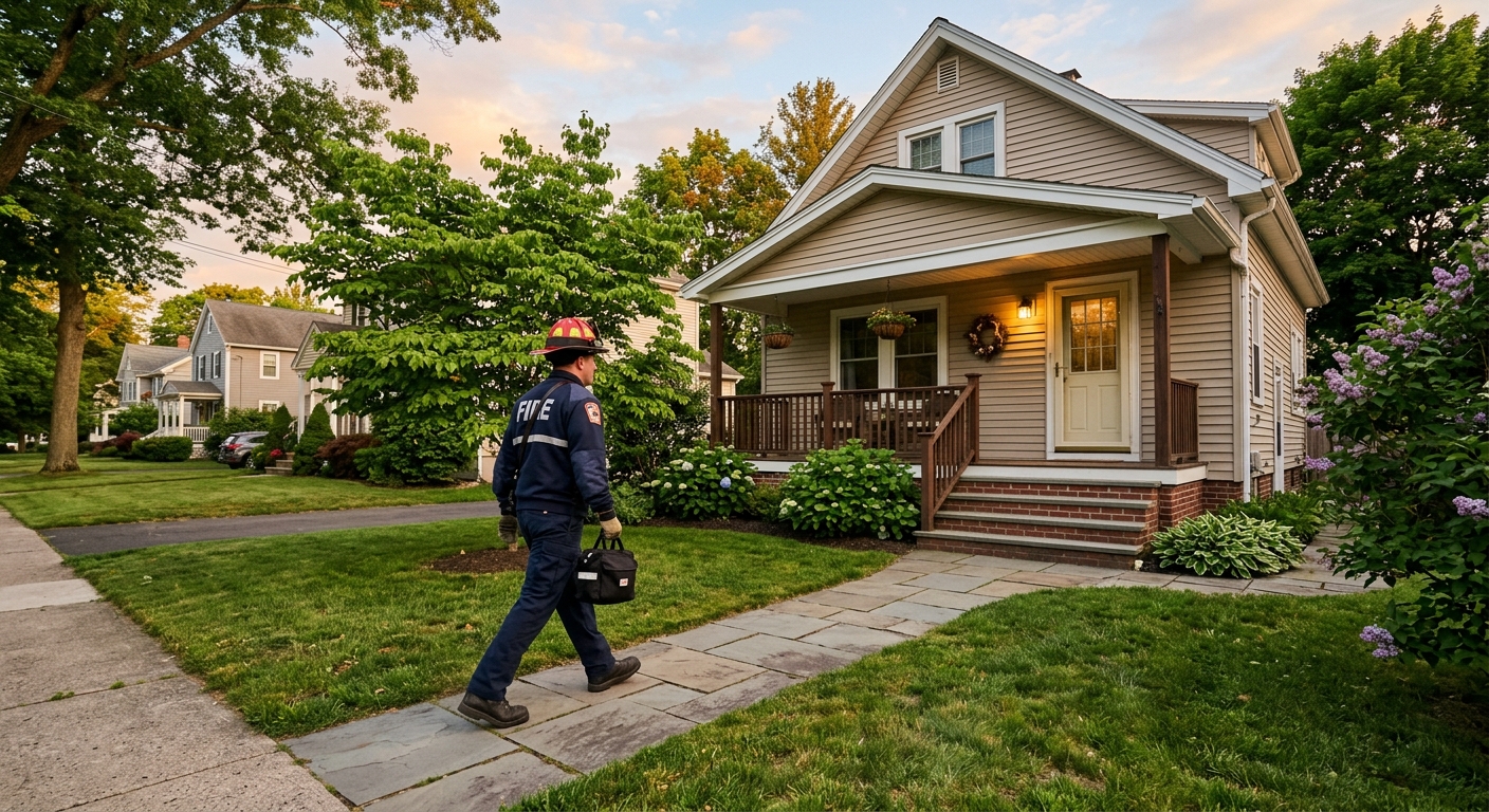 A photorealistic shot of a Connecticut firefighter in uniform walking up the front path of a modest single-family home i