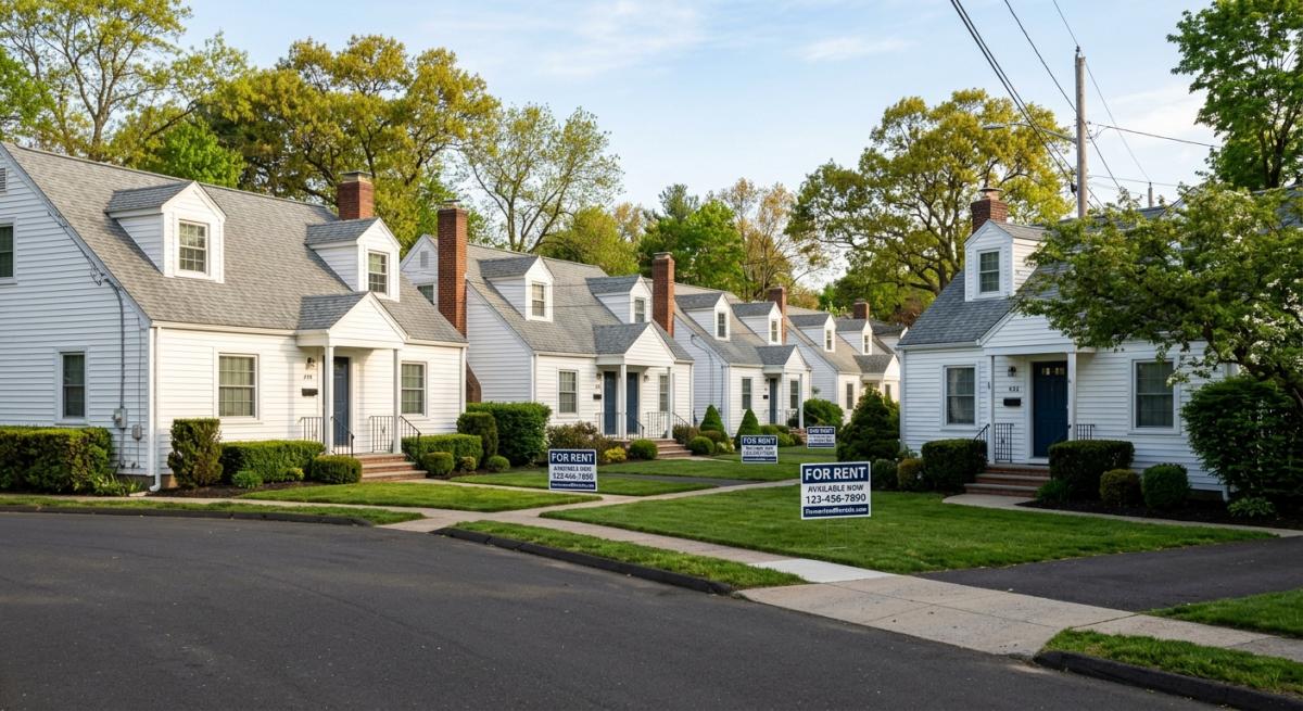 Row of identical rental houses with matching For Rent signs on a Connecticut street