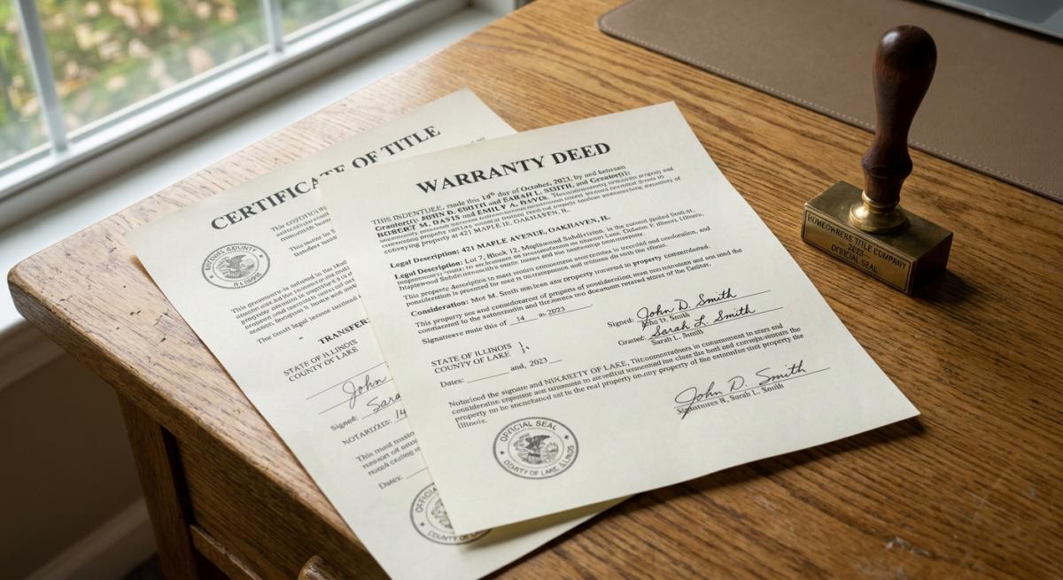 A close-up photorealistic shot of a single-family home's paper deed and property title document on a wooden desk, with a