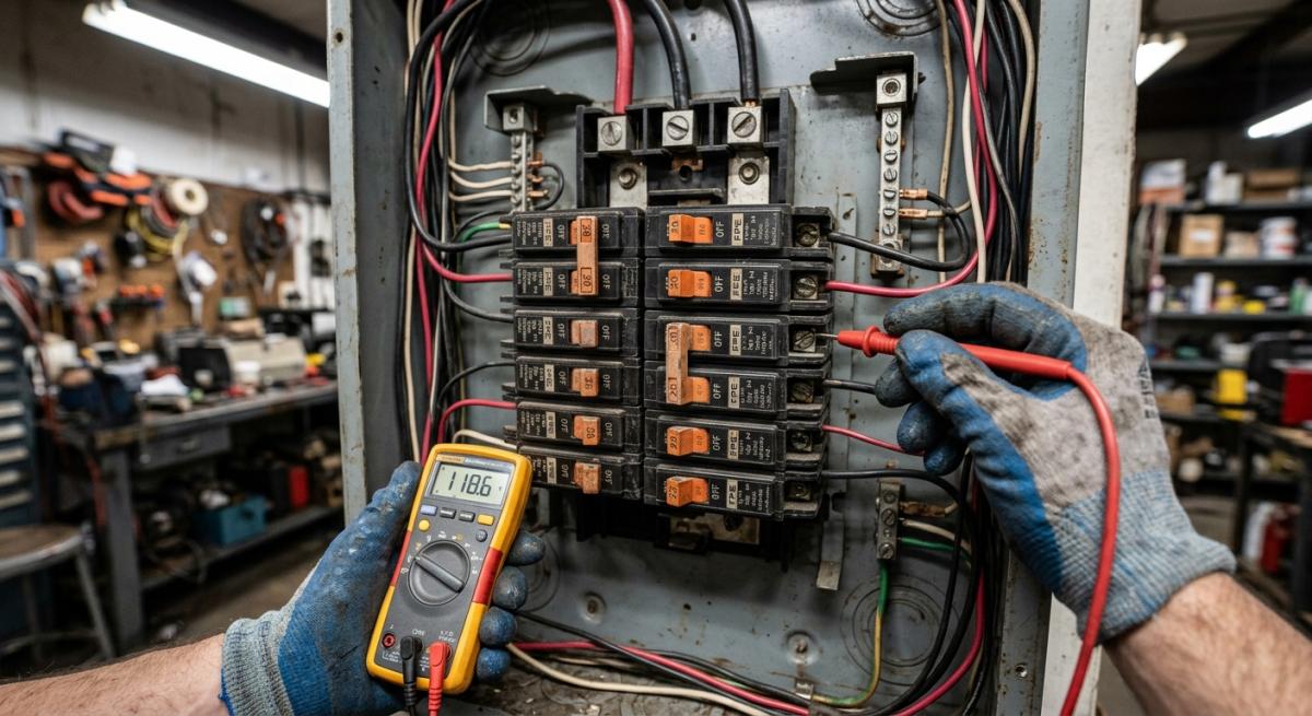 A close-up photorealistic shot of an open electrical panel with visible Federal Pacific Stab-Lok breakers, an electricia