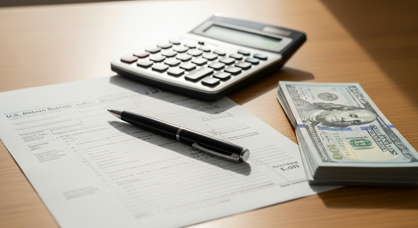 Tax form, calculator, and cash on a desk representing Connecticut capital gains tax on home sales
