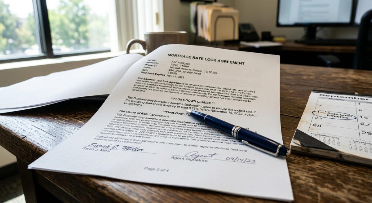 A close-up of a mortgage rate lock agreement document on a lender's desk with a pen resting on the float-down clause, a