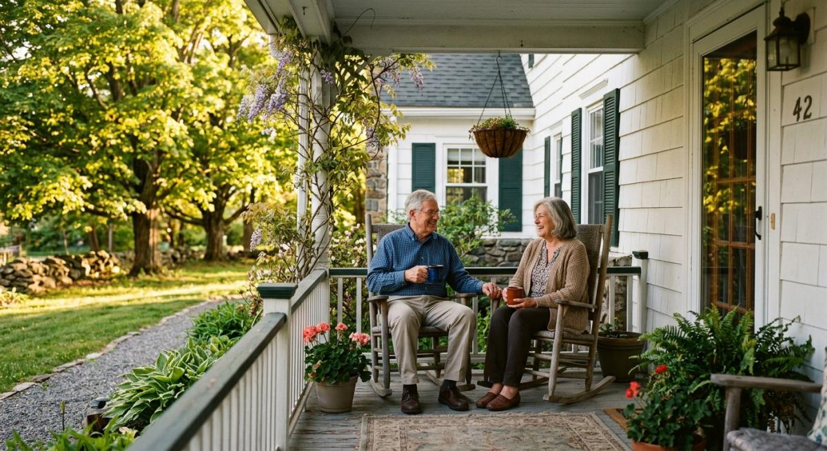 Older couple on the front porch of their longtime Connecticut home