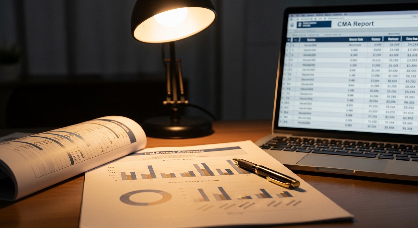 Printed comparative market analysis report beside a laptop showing home sale prices, pen resting on the paper