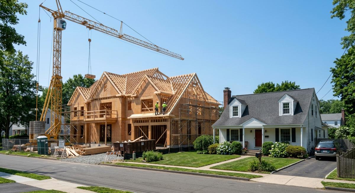 Large new colonial under construction beside a smaller older cape in Connecticut