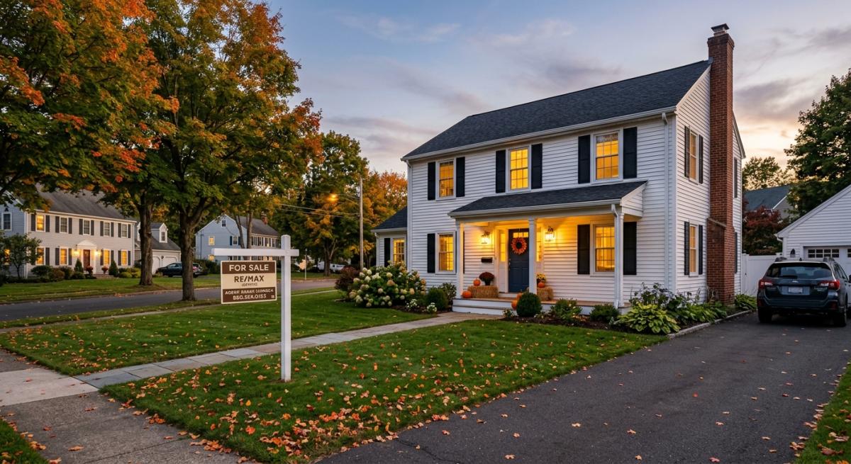A photorealistic evening shot of a Southington, Connecticut colonial-style home with a 'For Sale' yard sign, porch light