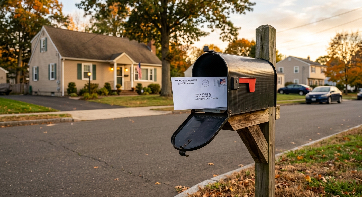 A photorealistic shot of a Connecticut mailbox at the curb of a modest single-family home with a white envelope from the