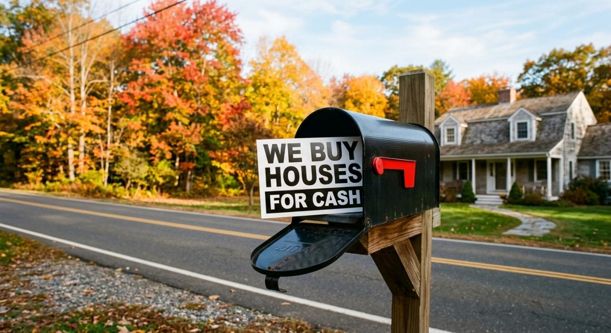 We Buy Houses For Cash postcard sticking out of a roadside mailbox