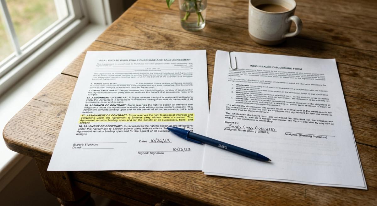 A close-up photorealistic shot of a real estate wholesale contract on a kitchen table with a highlighted assignment clau