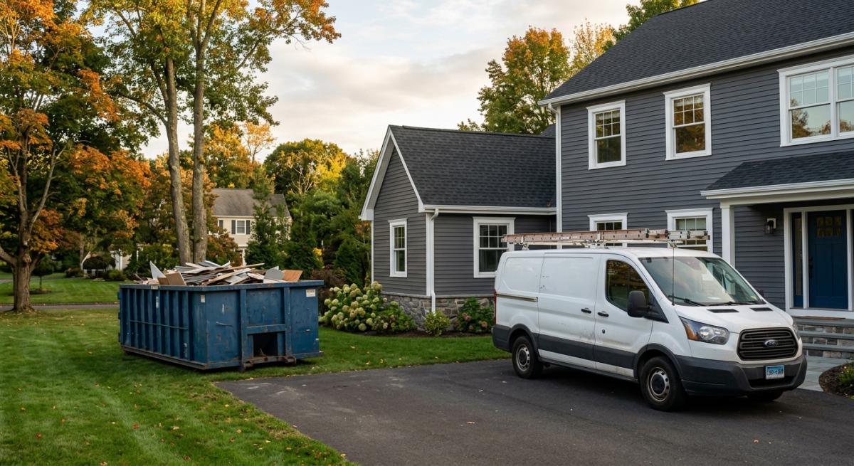 A photorealistic shot of a Connecticut contractor's work van parked in a driveway next to a recently renovated home exte