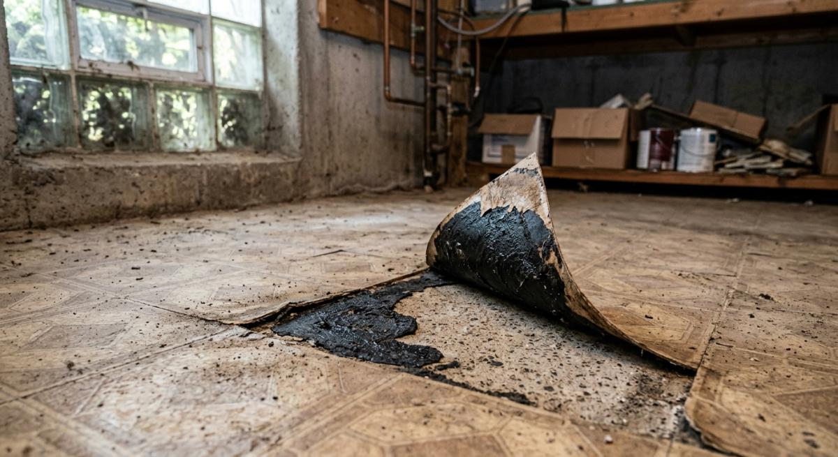 A photorealistic shot of a partially lifted section of old vinyl floor tile in a Connecticut basement, revealing black a