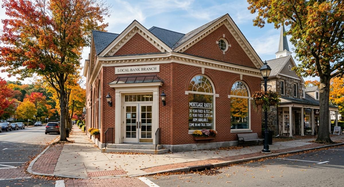 Local bank branch in a Connecticut town center with a mortgage rates sign in the window