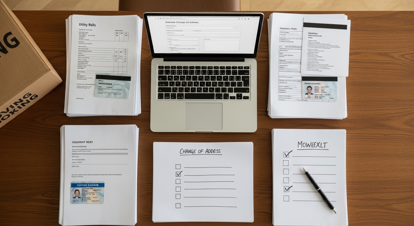 Overhead view of a table covered in utility bills, insurance cards, a driver license, change of address forms, laptop, and checklist