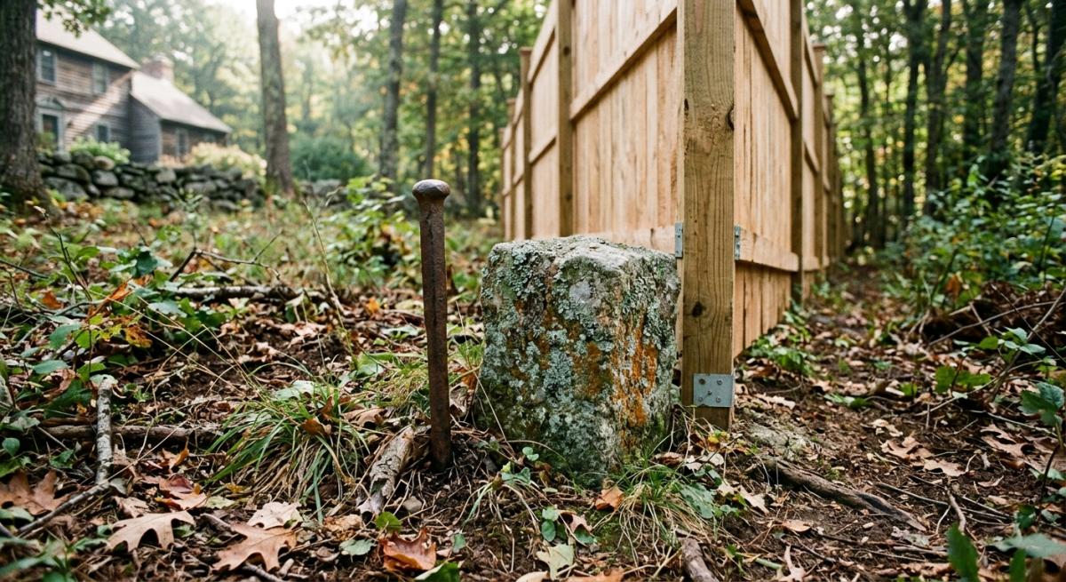 Old stone boundary marker and survey pin at a Connecticut property line
