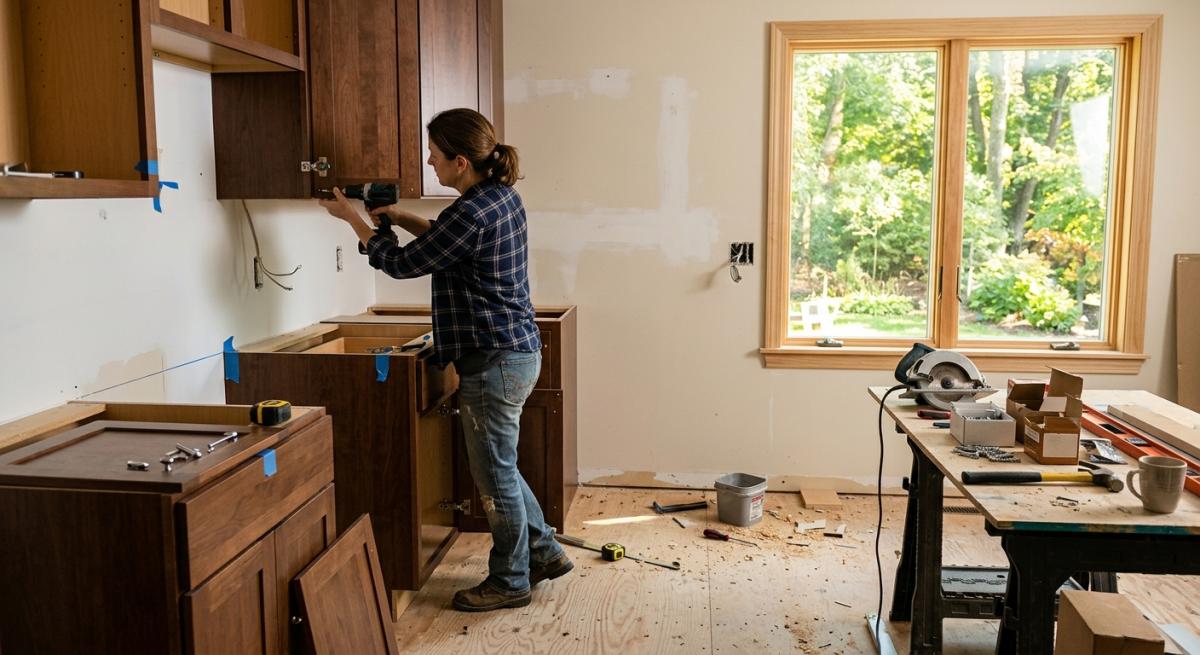 A photorealistic shot of a Connecticut homeowner standing in a partially renovated kitchen mid-project, exposed subfloor