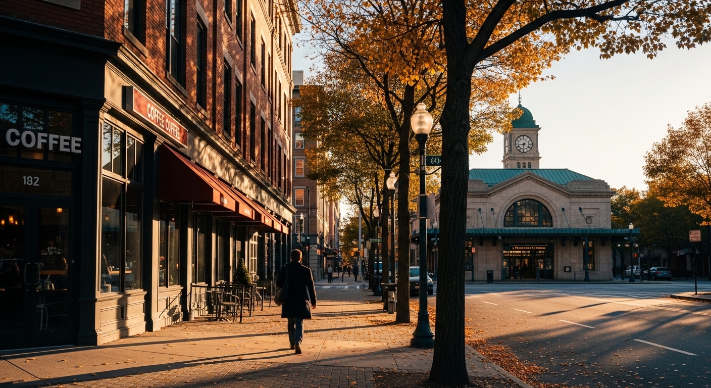 Pedestrian walking a tree-lined urban sidewalk toward a corner coffee shop with a commuter rail station entrance in the background