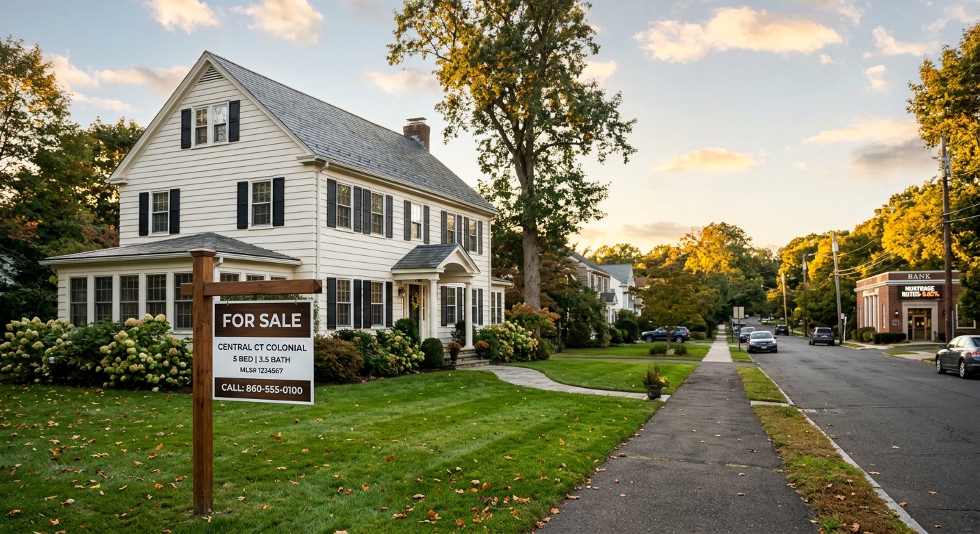 A photorealistic shot of a For Sale sign in front of a Central Connecticut colonial home with a small percentage symbol